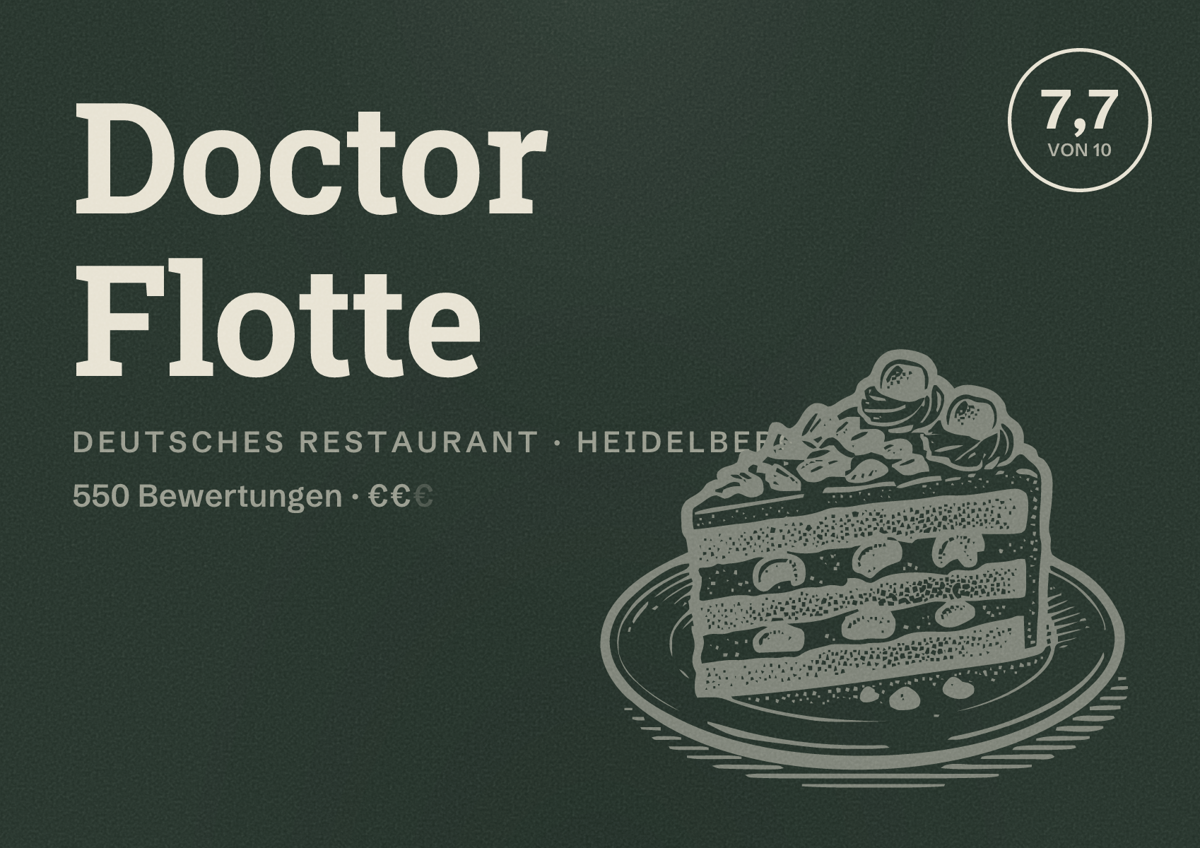 Illustriertes Poster von Doctor Flotte, Deutsches Restaurant in Heidelberg: Bewertung 7,7 von 10 aus 550 Bewertungen, Preisniveau €€
