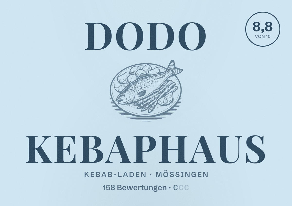 Illustriertes Poster von Dodo Kebaphaus, Kebab-Laden in Mössingen: Bewertung 8,8 von 10 aus 158 Bewertungen, Preisniveau €