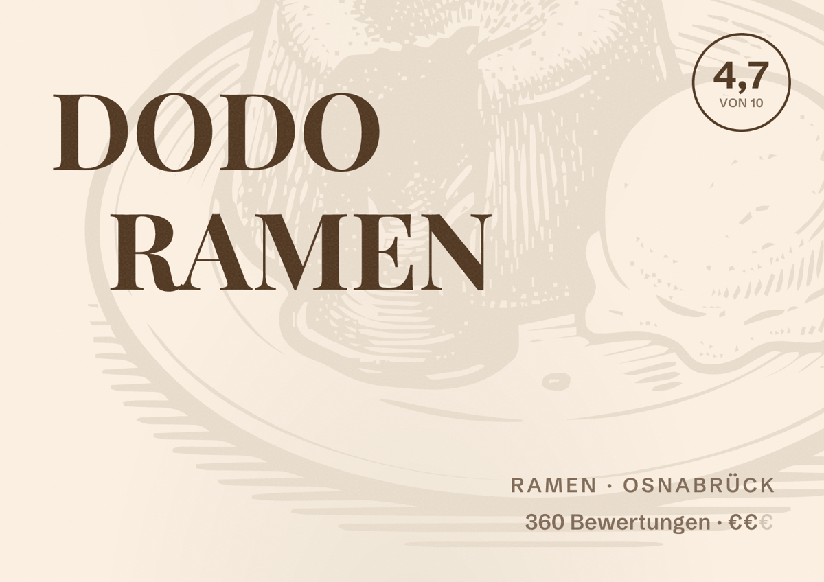 Illustriertes Poster von DODO RAMEN, Ramen in Osnabrück: Bewertung 4,7 von 10 aus 360 Bewertungen, Preisniveau €€