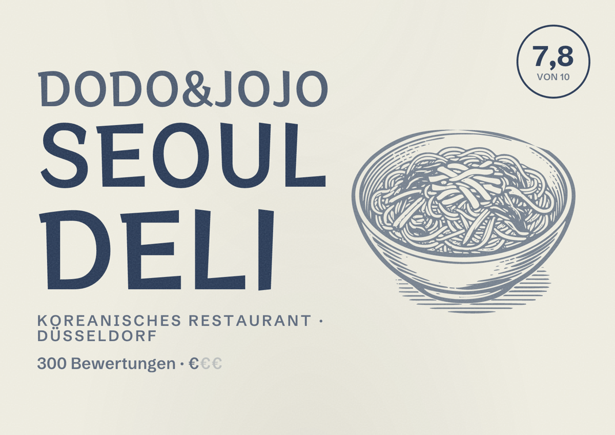 Illustriertes Poster von Dodo&Jojo Seoul Deli, Koreanisches Restaurant in Düsseldorf: Bewertung 7,8 von 10 aus 300 Bewertungen, Preisniveau €