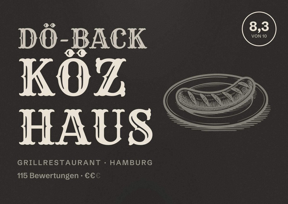 Illustriertes Poster von Dö-Back Köz Haus, Grillrestaurant in Hamburg: Bewertung 8,3 von 10 aus 115 Bewertungen, Preisniveau €€