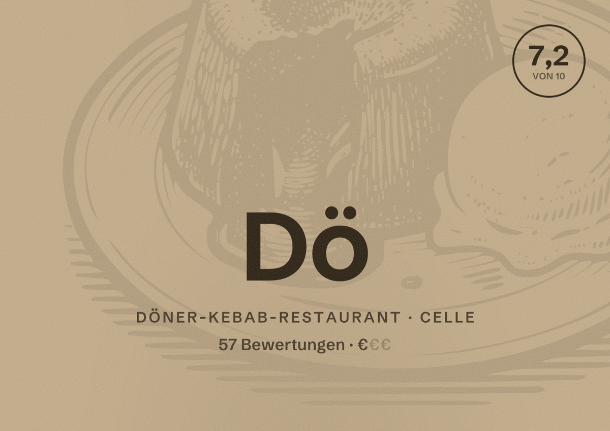 Illustriertes Poster von Dö, Döner-Kebab-Restaurant in Celle: Bewertung 7,2 von 10 aus 57 Bewertungen, Preisniveau €