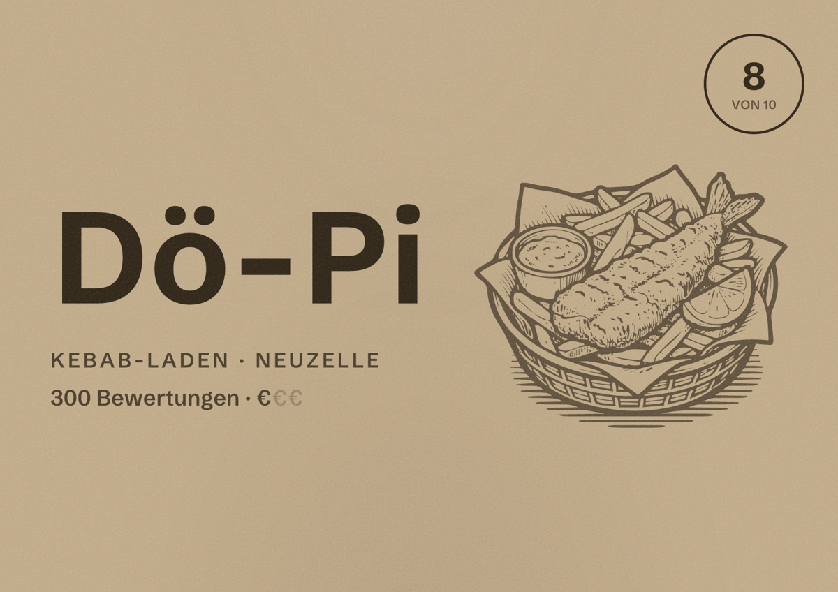 Illustriertes Poster von Dö-Pi, Kebab-Laden in Neuzelle: Bewertung 8 von 10 aus 300 Bewertungen, Preisniveau €