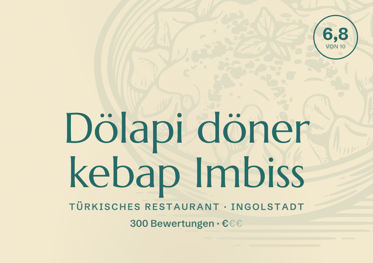 Illustriertes Poster von Dölapi döner kebap Imbiss, Türkisches Restaurant in Ingolstadt: Bewertung 6,8 von 10 aus 300 Bewertungen, Preisniveau €