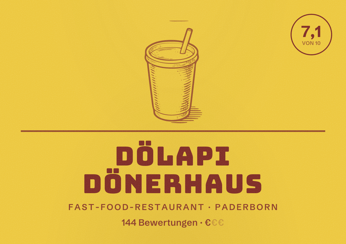 Illustriertes Poster von DöLaPi Dönerhaus, Fast-Food-Restaurant in Paderborn: Bewertung 7,1 von 10 aus 144 Bewertungen, Preisniveau €