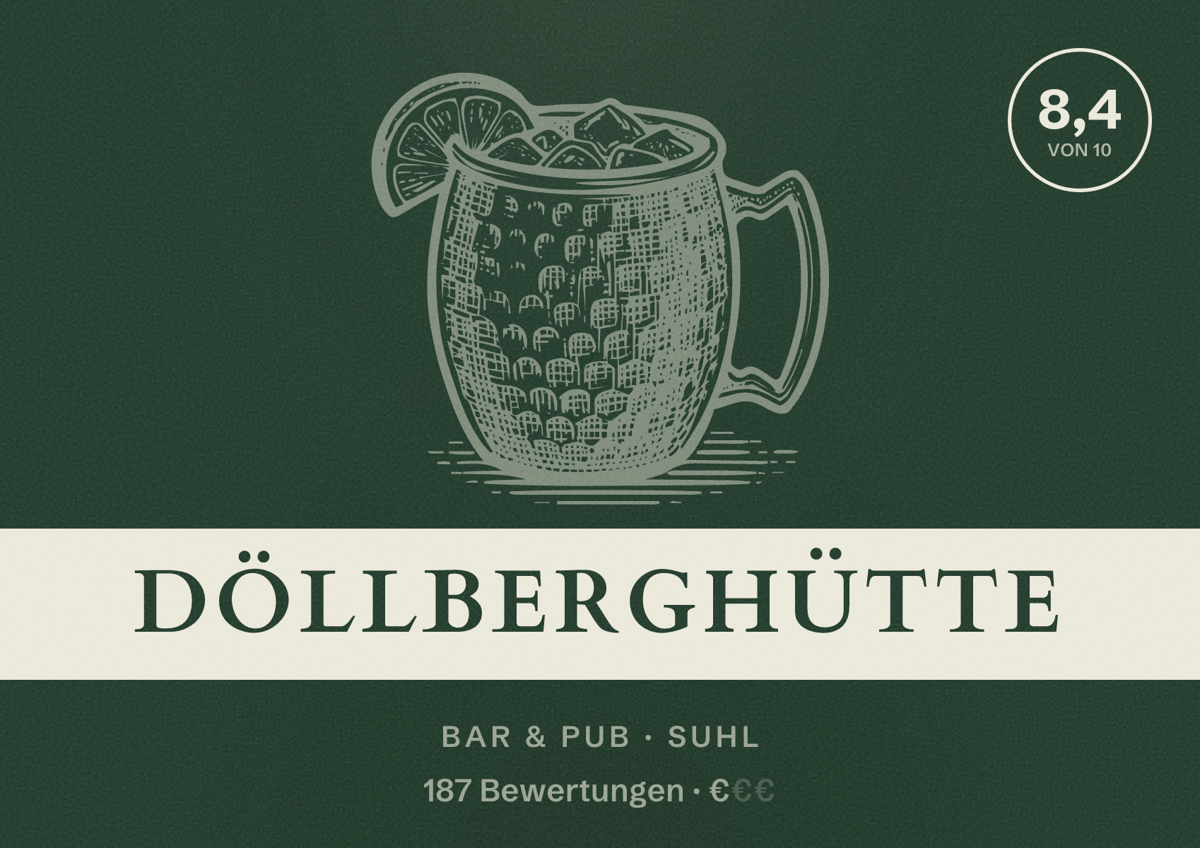 Illustriertes Poster von Döllberghütte, Bar & Pub in Suhl: Bewertung 8,4 von 10 aus 187 Bewertungen, Preisniveau €