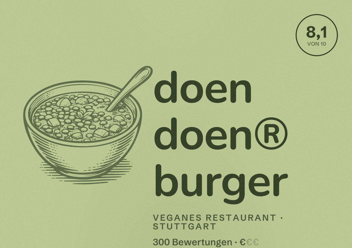 Illustriertes Poster von doen doen® burger, Veganes Restaurant in Stuttgart: Bewertung 8,1 von 10 aus 300 Bewertungen, Preisniveau €