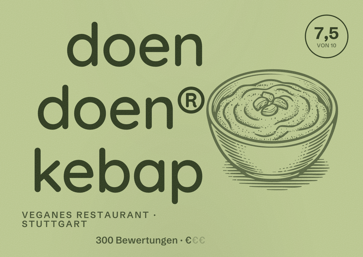 Illustriertes Poster von doen doen® kebap, Veganes Restaurant in Stuttgart: Bewertung 7,5 von 10 aus 300 Bewertungen, Preisniveau €