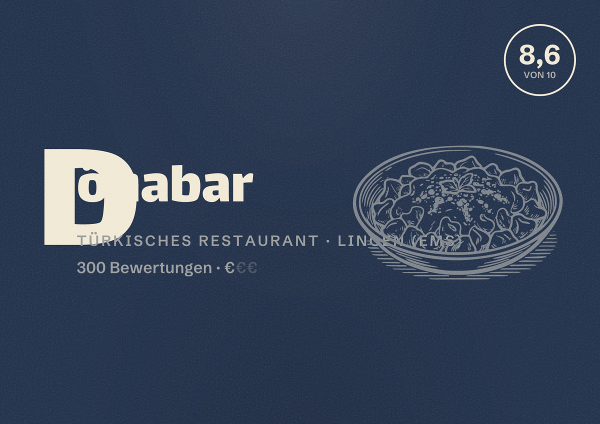 Illustriertes Poster von Dönabar, Türkisches Restaurant in Lingen (Ems): Bewertung 8,6 von 10 aus 300 Bewertungen, Preisniveau €