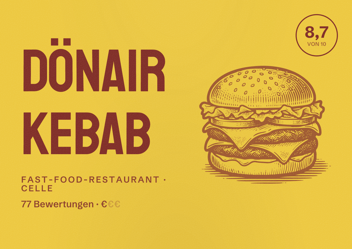 Illustriertes Poster von DÖNAIR Kebab, Fast-Food-Restaurant in Celle: Bewertung 8,7 von 10 aus 77 Bewertungen, Preisniveau €