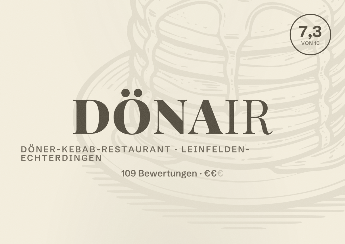 Illustriertes Poster von DönAir, Döner-Kebab-Restaurant in Leinfelden-Echterdingen: Bewertung 7,3 von 10 aus 109 Bewertungen, Preisniveau €€