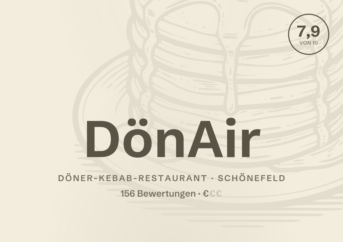 Illustriertes Poster von DönAir, Döner-Kebab-Restaurant in Schönefeld: Bewertung 7,9 von 10 aus 156 Bewertungen, Preisniveau €