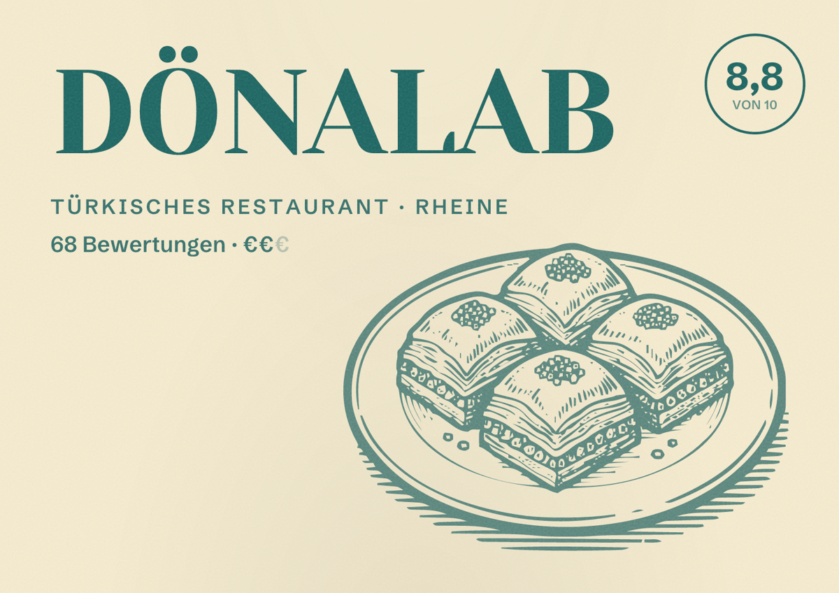 Illustriertes Poster von DÖNALAB, Türkisches Restaurant in Rheine: Bewertung 8,8 von 10 aus 68 Bewertungen, Preisniveau €€