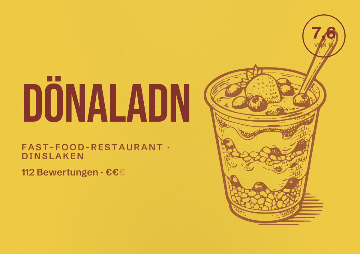 Illustriertes Poster von Dönaladn, Fast-Food-Restaurant in Dinslaken: Bewertung 7,6 von 10 aus 112 Bewertungen, Preisniveau €€