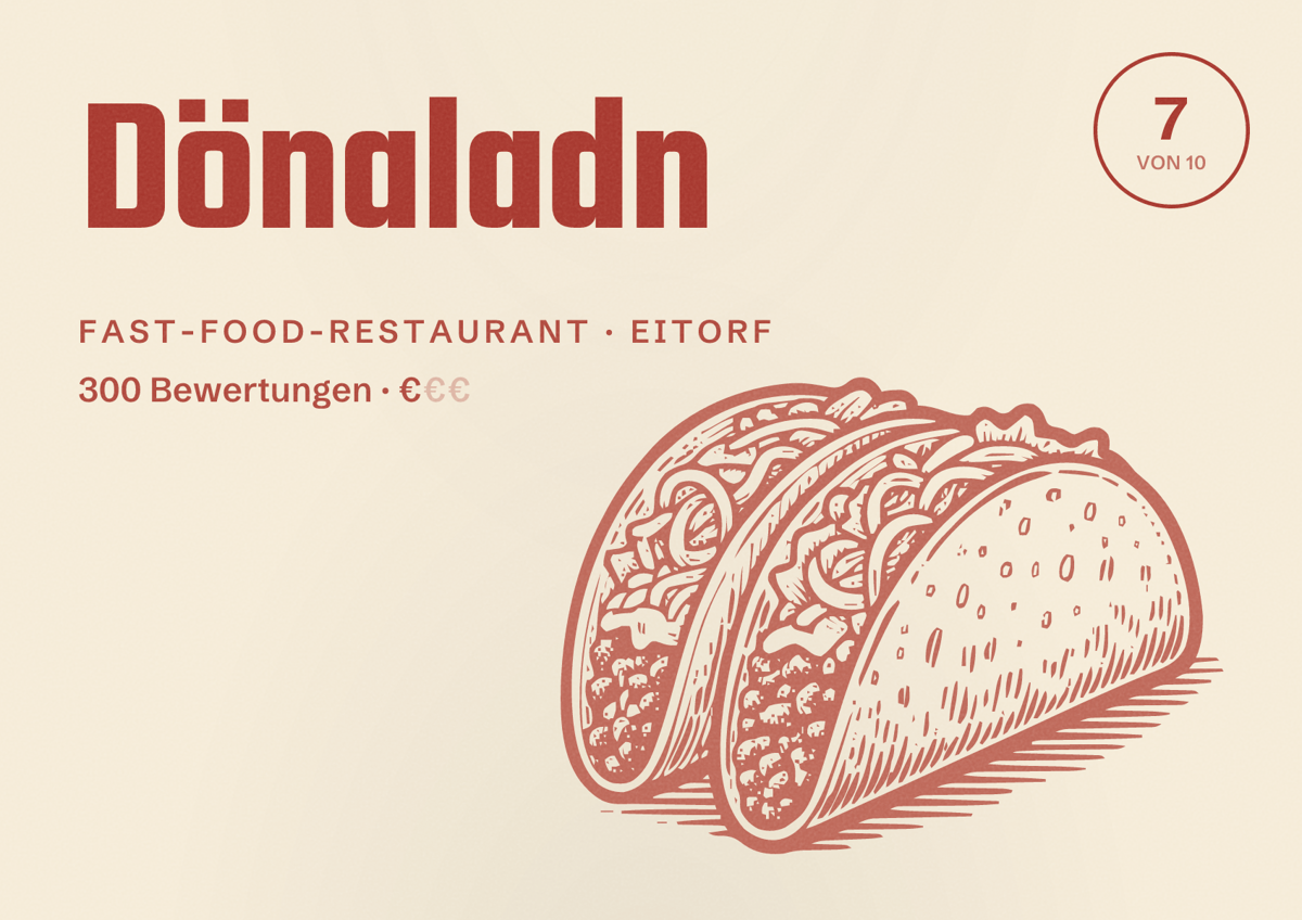 Illustriertes Poster von Dönaladn, Fast-Food-Restaurant in Eitorf: Bewertung 7 von 10 aus 300 Bewertungen, Preisniveau €