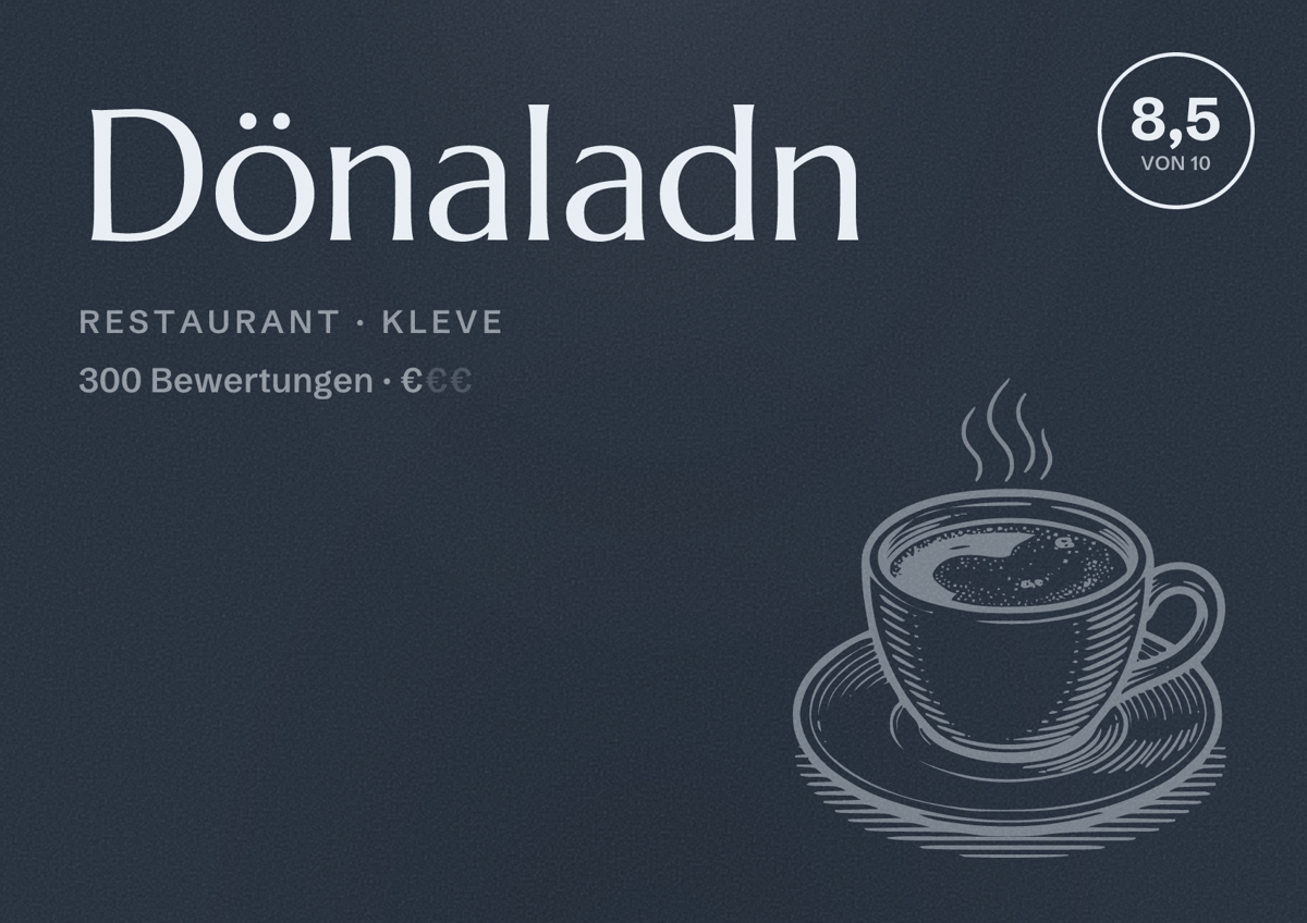Illustriertes Poster von Dönaladn, Restaurant in Kleve: Bewertung 8,5 von 10 aus 300 Bewertungen, Preisniveau €