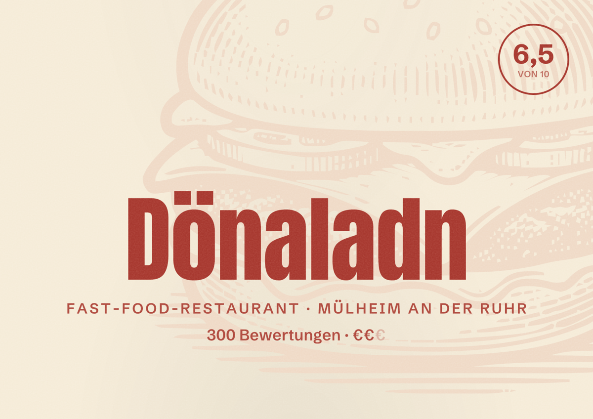 Illustriertes Poster von Dönaladn, Fast-Food-Restaurant in Mülheim an der Ruhr: Bewertung 6,5 von 10 aus 300 Bewertungen, Preisniveau €€
