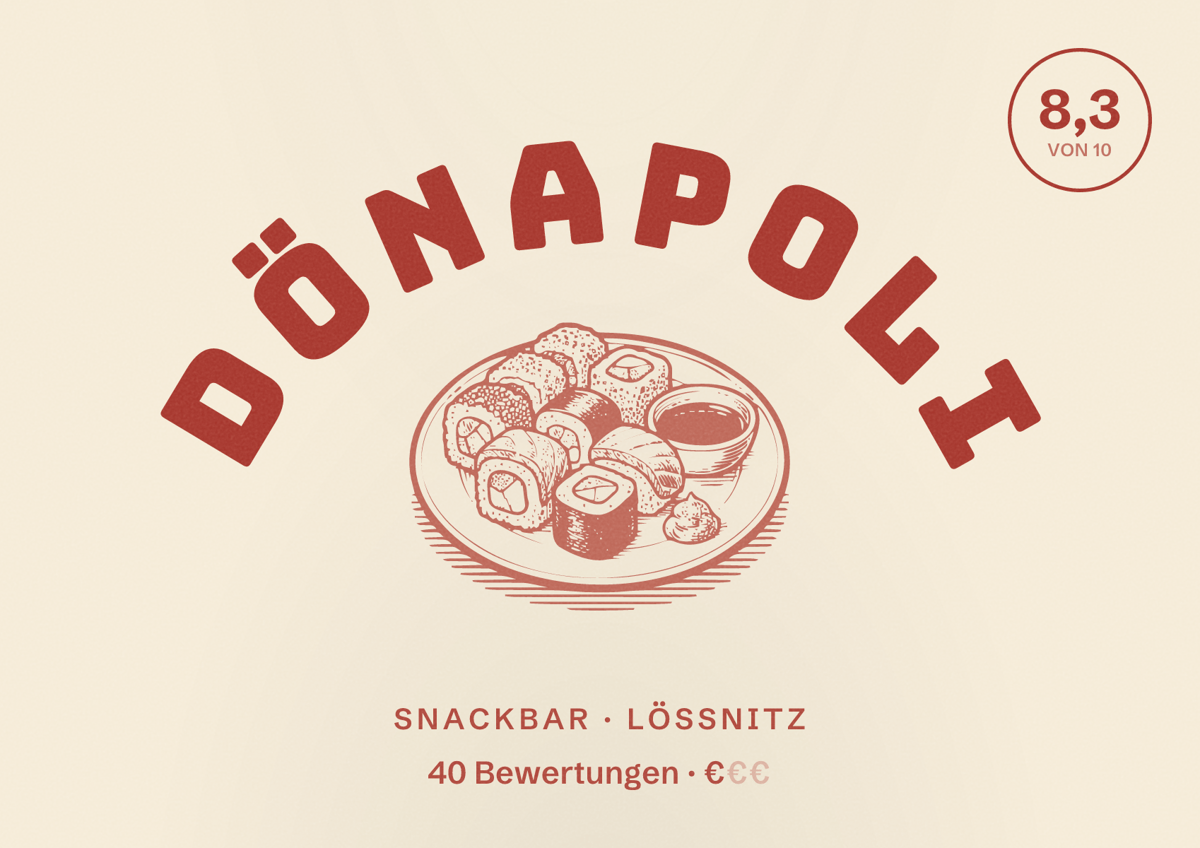 Illustriertes Poster von Dönapoli, Snackbar in Lößnitz: Bewertung 8,3 von 10 aus 40 Bewertungen, Preisniveau €