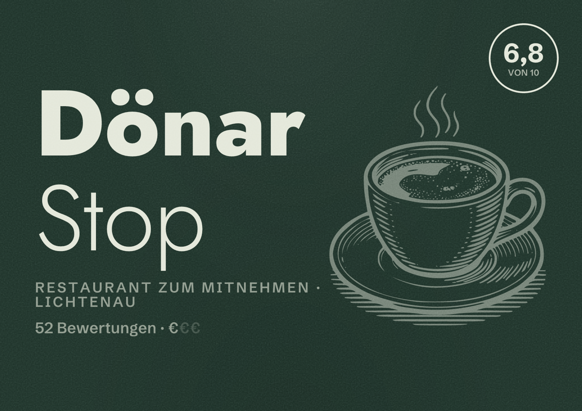 Illustriertes Poster von Dönar Stop, Restaurant zum Mitnehmen in Lichtenau: Bewertung 6,8 von 10 aus 52 Bewertungen, Preisniveau €
