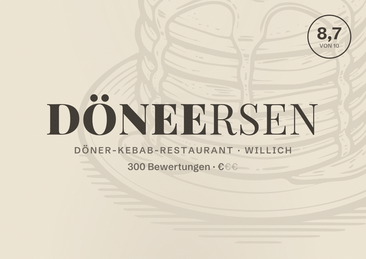 Illustriertes Poster von DöNeersen, Döner-Kebab-Restaurant in Willich: Bewertung 8,7 von 10 aus 300 Bewertungen, Preisniveau €