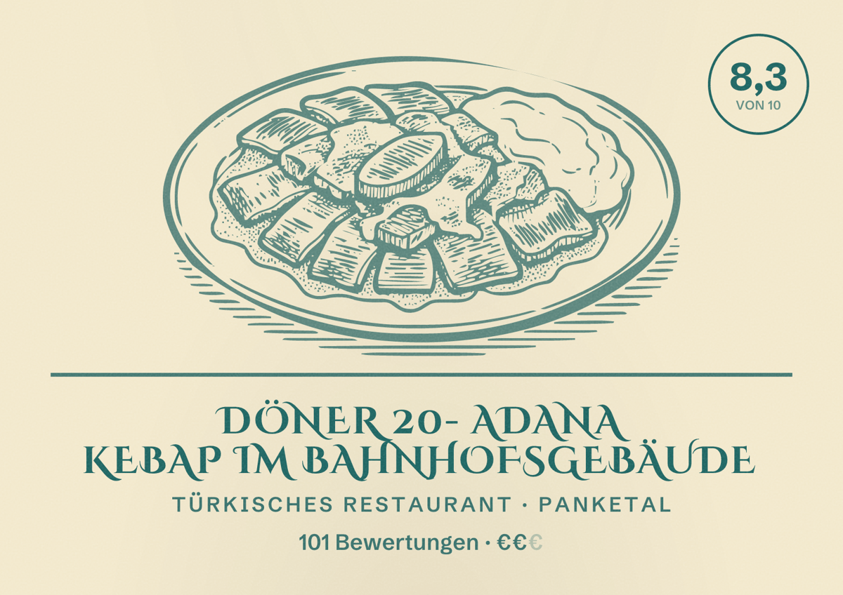 Illustriertes Poster von Döner 20- Adana Kebap im Bahnhofsgebäude, Türkisches Restaurant in Panketal: Bewertung 8,3 von 10 aus 101 Bewertungen, Preisniveau €€