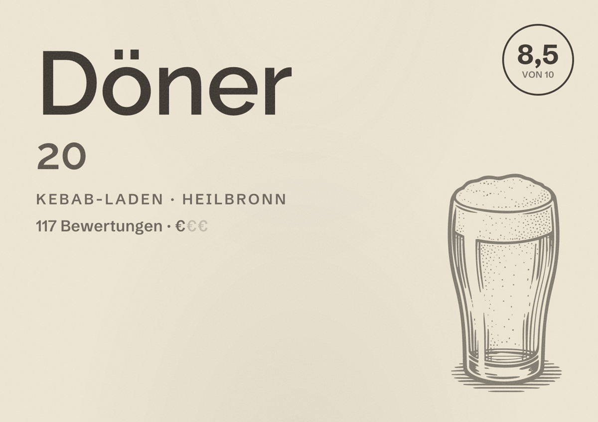 Illustriertes Poster von Döner 20, Kebab-Laden in Heilbronn: Bewertung 8,5 von 10 aus 117 Bewertungen, Preisniveau €