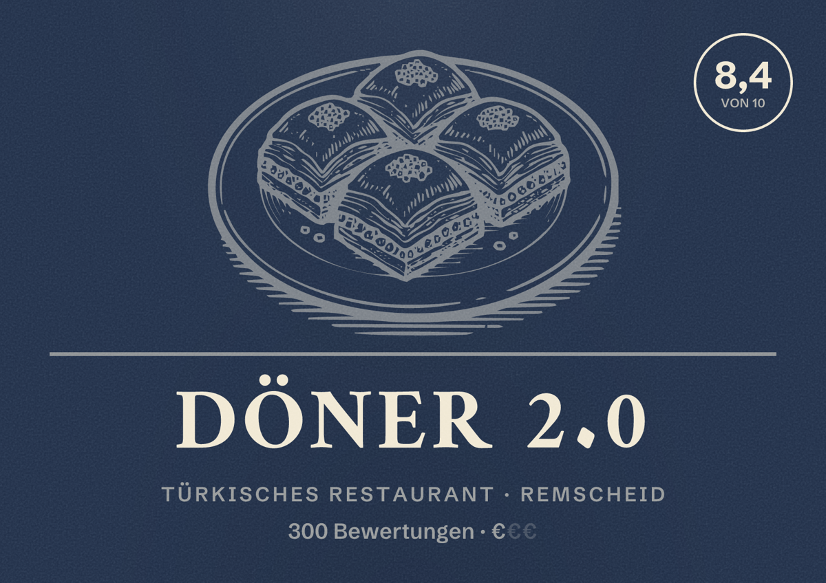 Illustriertes Poster von Döner 2.0, Türkisches Restaurant in Remscheid: Bewertung 8,4 von 10 aus 300 Bewertungen, Preisniveau €