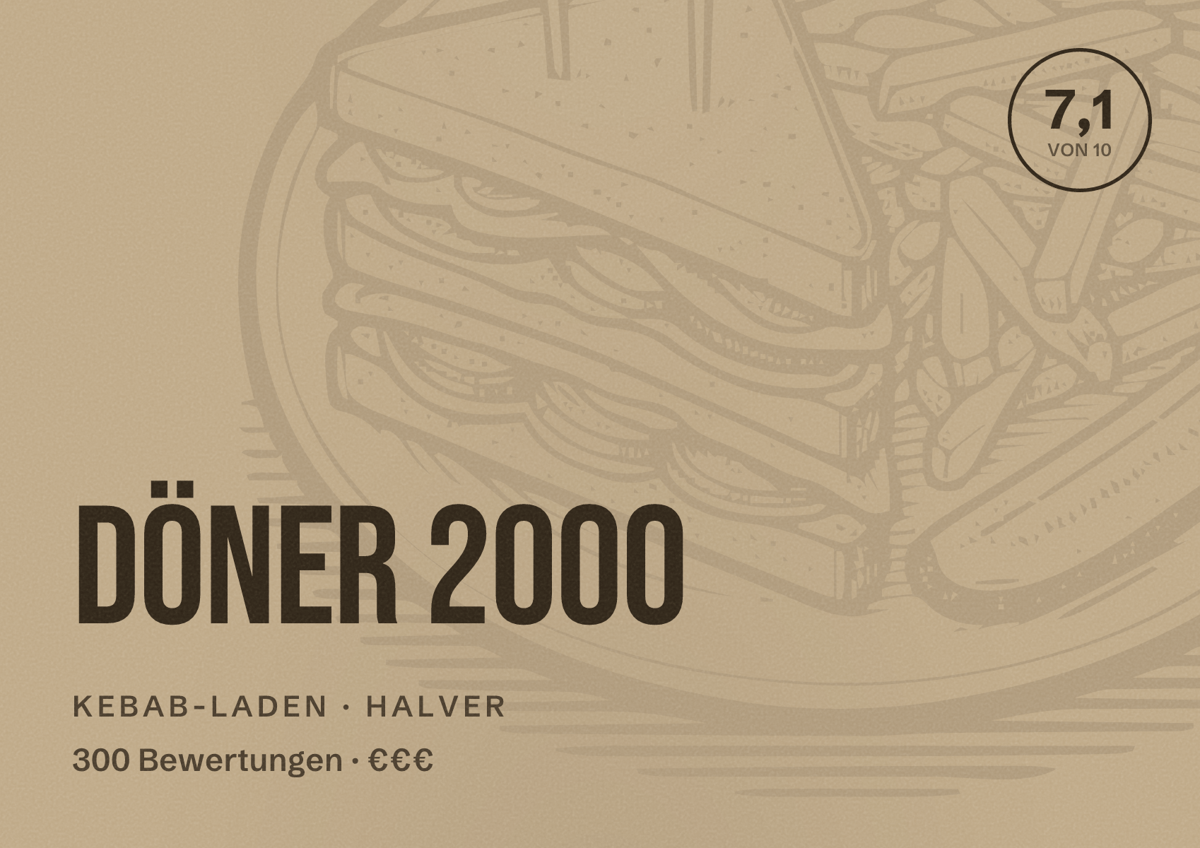Illustriertes Poster von Döner 2000, Kebab-Laden in Halver: Bewertung 7,1 von 10 aus 300 Bewertungen, Preisniveau €€€