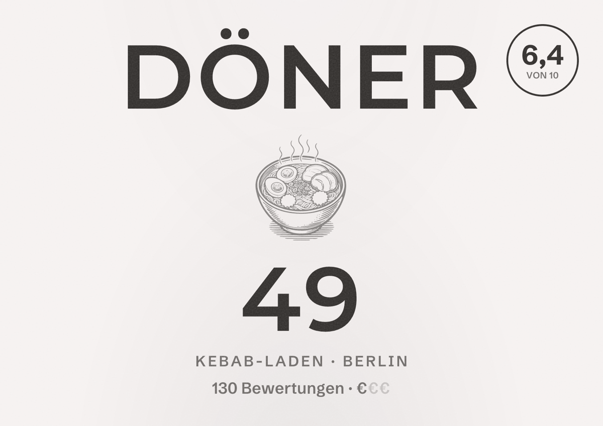 Illustriertes Poster von Döner 49, Kebab-Laden in Berlin: Bewertung 6,4 von 10 aus 130 Bewertungen, Preisniveau €