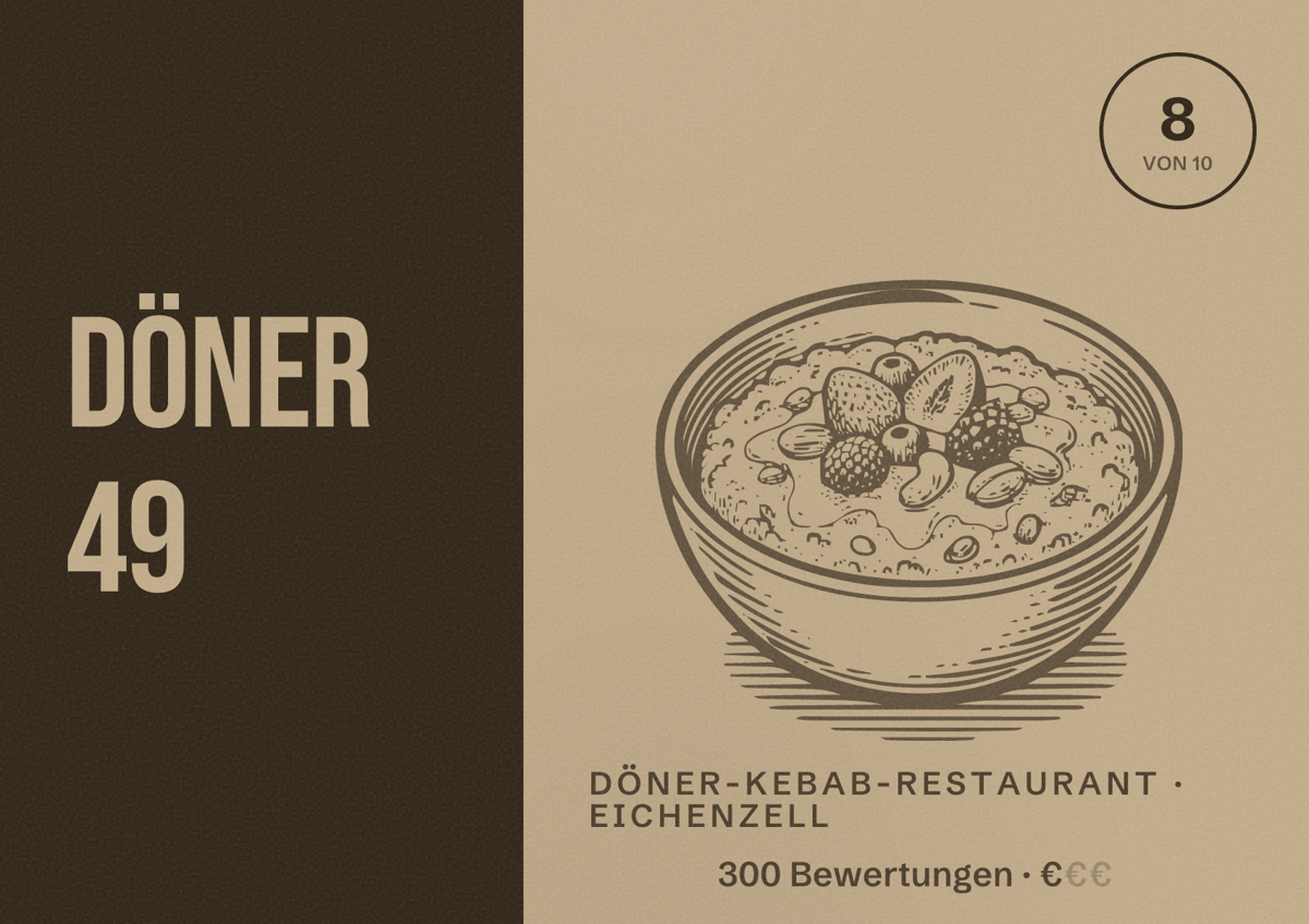 Illustriertes Poster von Döner 49, Döner-Kebab-Restaurant in Eichenzell: Bewertung 8 von 10 aus 300 Bewertungen, Preisniveau €