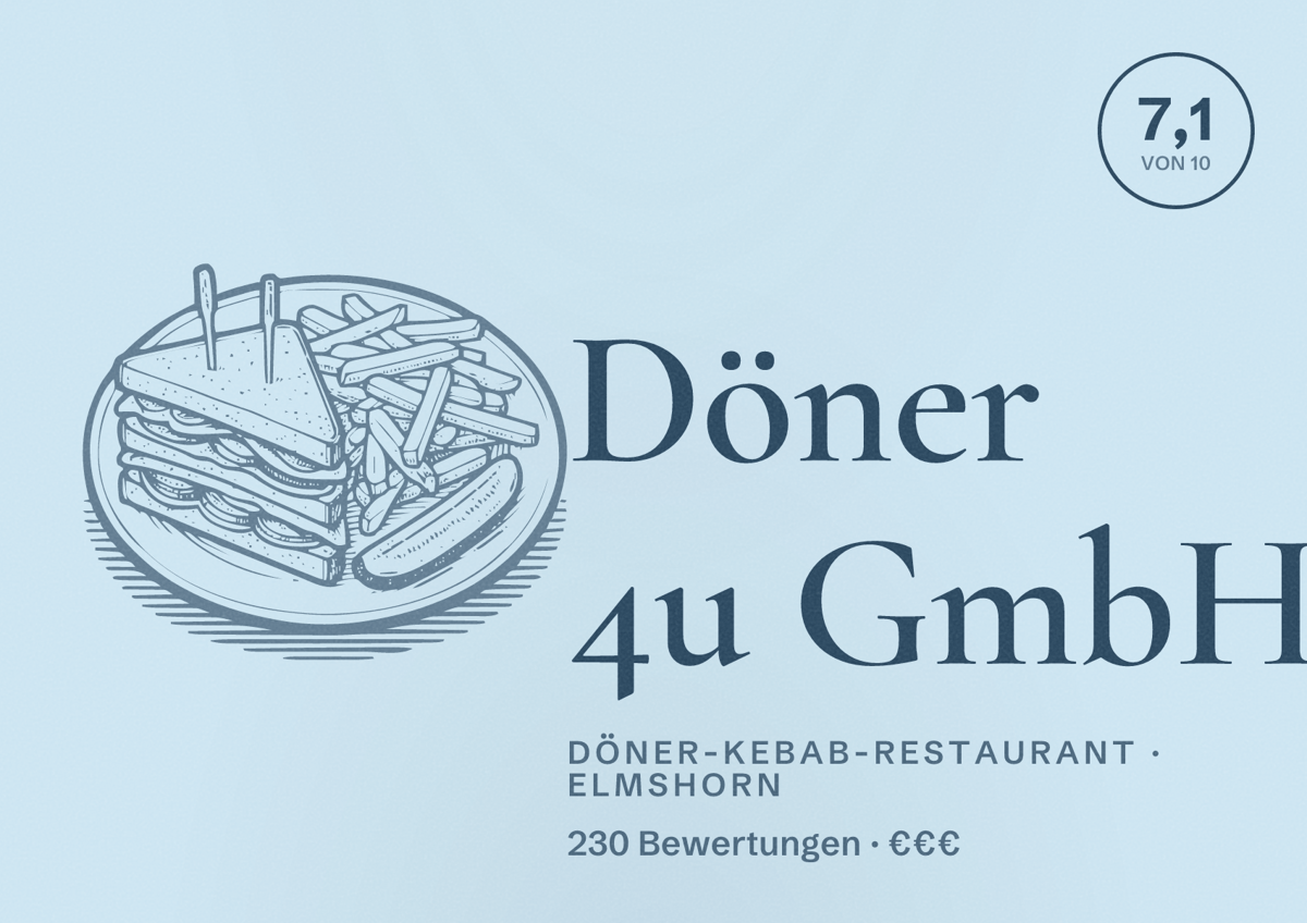 Illustriertes Poster von Döner 4u GmbH, Döner-Kebab-Restaurant in Elmshorn: Bewertung 7,1 von 10 aus 230 Bewertungen, Preisniveau €€€