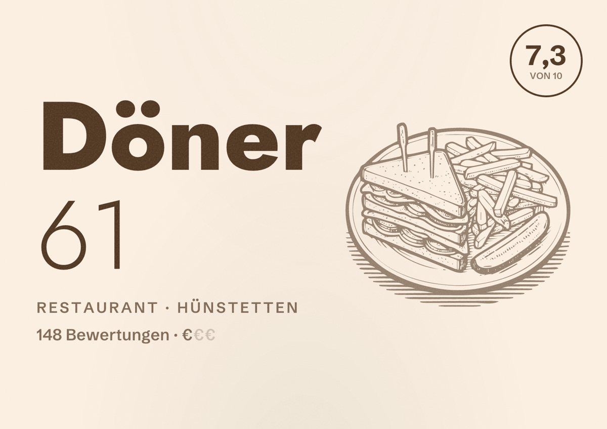 Illustriertes Poster von Döner 61, Restaurant in Hünstetten: Bewertung 7,3 von 10 aus 148 Bewertungen, Preisniveau €