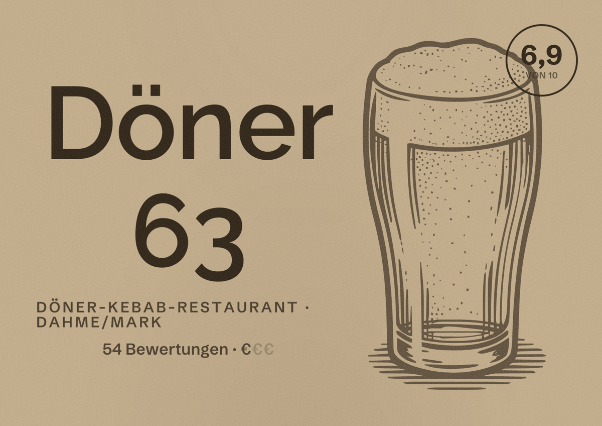 Illustriertes Poster von Döner 63, Döner-Kebab-Restaurant in Dahme/Mark: Bewertung 6,9 von 10 aus 54 Bewertungen, Preisniveau €