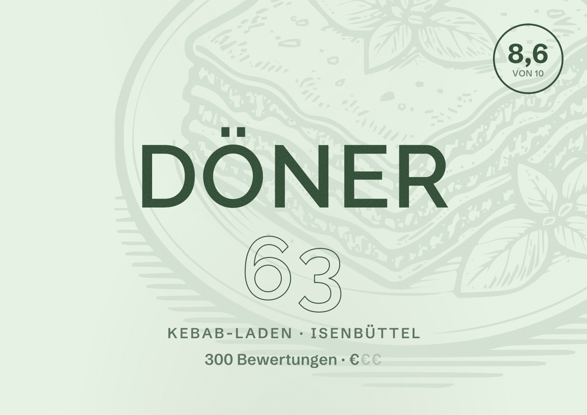 Illustriertes Poster von Döner 63, Kebab-Laden in Isenbüttel: Bewertung 8,6 von 10 aus 300 Bewertungen, Preisniveau €