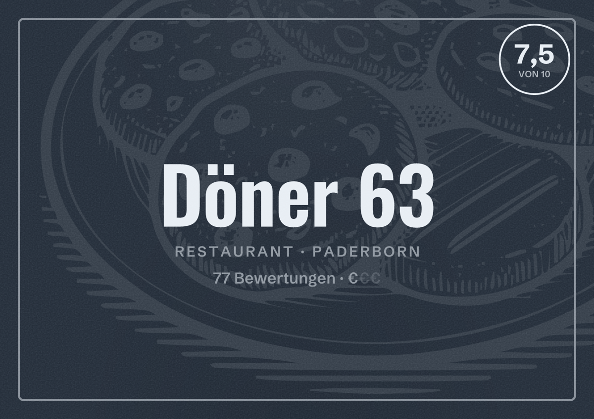 Illustriertes Poster von Döner 63, Restaurant in Paderborn: Bewertung 7,5 von 10 aus 77 Bewertungen, Preisniveau €