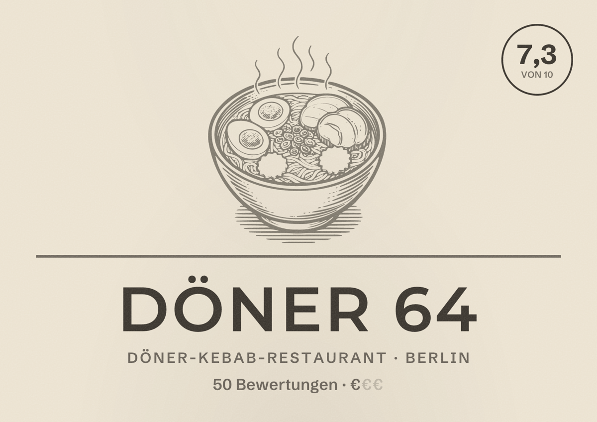 Illustriertes Poster von Döner 64, Döner-Kebab-Restaurant in Berlin: Bewertung 7,3 von 10 aus 50 Bewertungen, Preisniveau €