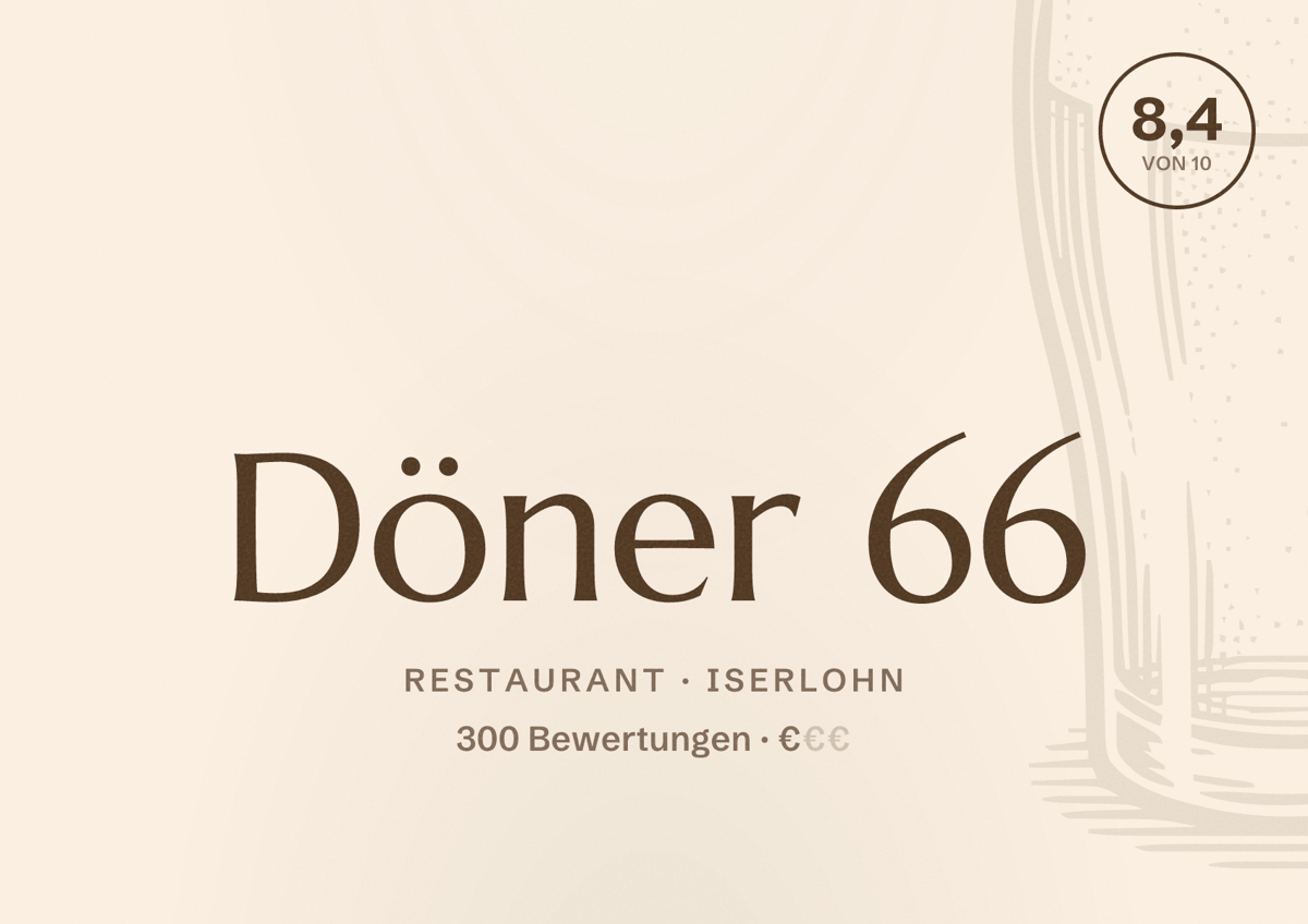 Illustriertes Poster von Döner 66, Restaurant in Iserlohn: Bewertung 8,4 von 10 aus 300 Bewertungen, Preisniveau €