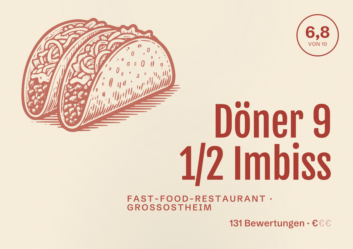 Illustriertes Poster von Döner 9 1/2 Imbiss, Fast-Food-Restaurant in Großostheim: Bewertung 6,8 von 10 aus 131 Bewertungen, Preisniveau €
