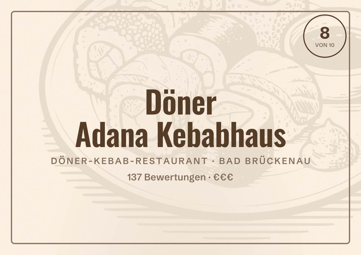 Illustriertes Poster von Döner Adana Kebabhaus, Döner-Kebab-Restaurant in Bad Brückenau: Bewertung 8 von 10 aus 137 Bewertungen, Preisniveau €€€