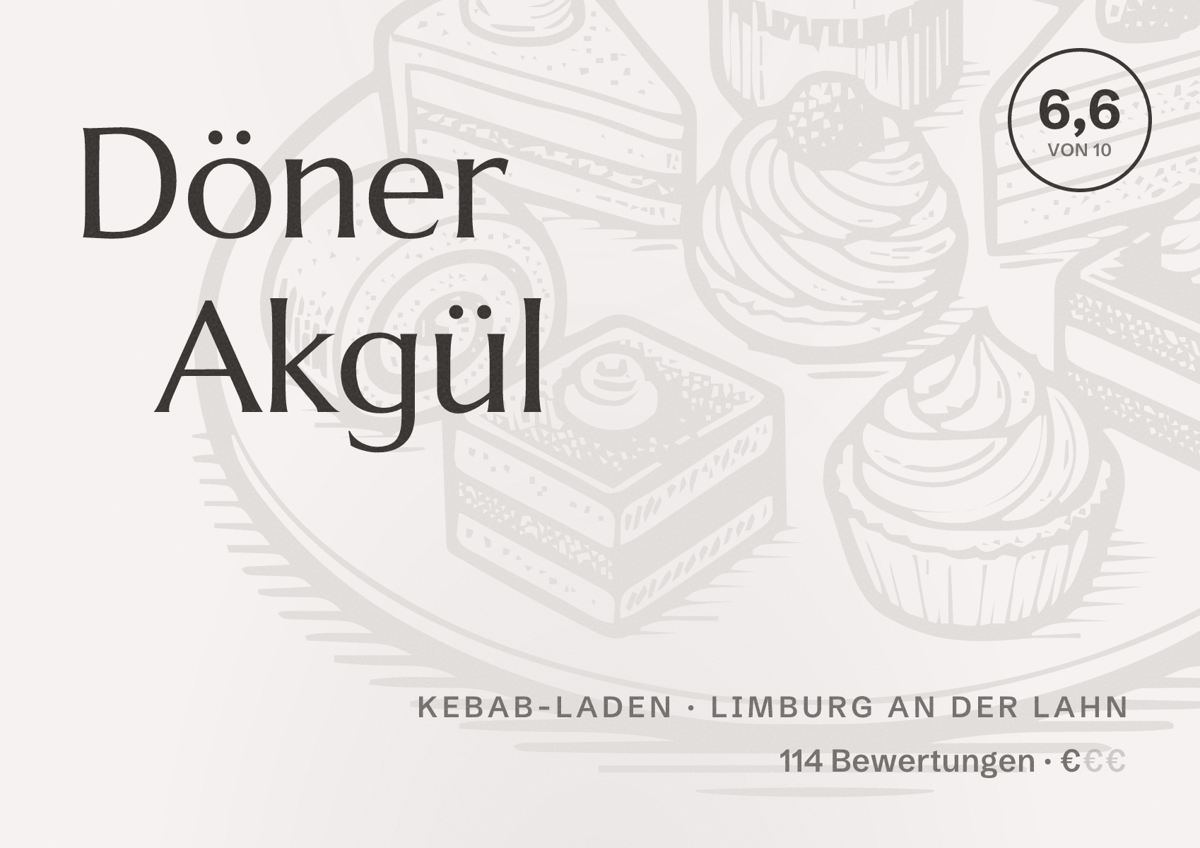 Illustriertes Poster von Döner Akgül, Kebab-Laden in Limburg an der Lahn: Bewertung 6,6 von 10 aus 114 Bewertungen, Preisniveau €
