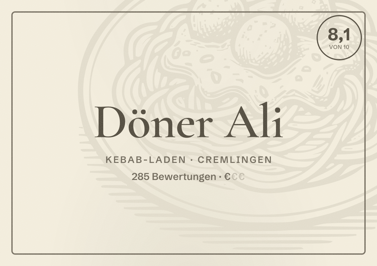 Illustriertes Poster von Döner Ali, Kebab-Laden in Cremlingen: Bewertung 8,1 von 10 aus 285 Bewertungen, Preisniveau €
