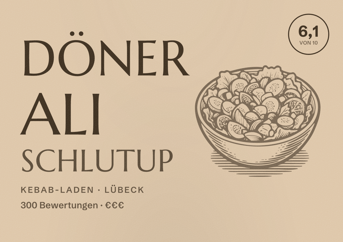 Illustriertes Poster von Döner Ali Schlutup, Kebab-Laden in Lübeck: Bewertung 6,1 von 10 aus 300 Bewertungen, Preisniveau €€€