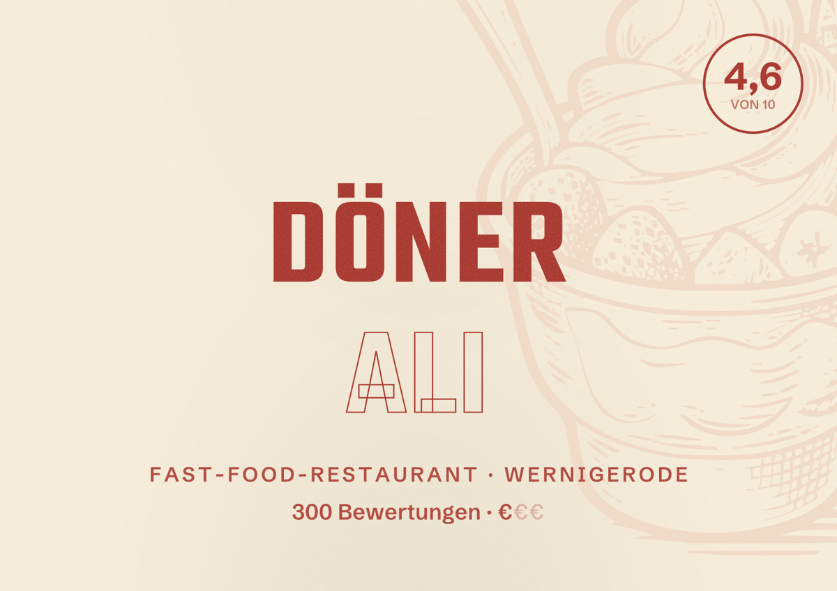 Illustriertes Poster von Döner Ali, Fast-Food-Restaurant in Wernigerode: Bewertung 4,6 von 10 aus 300 Bewertungen, Preisniveau €