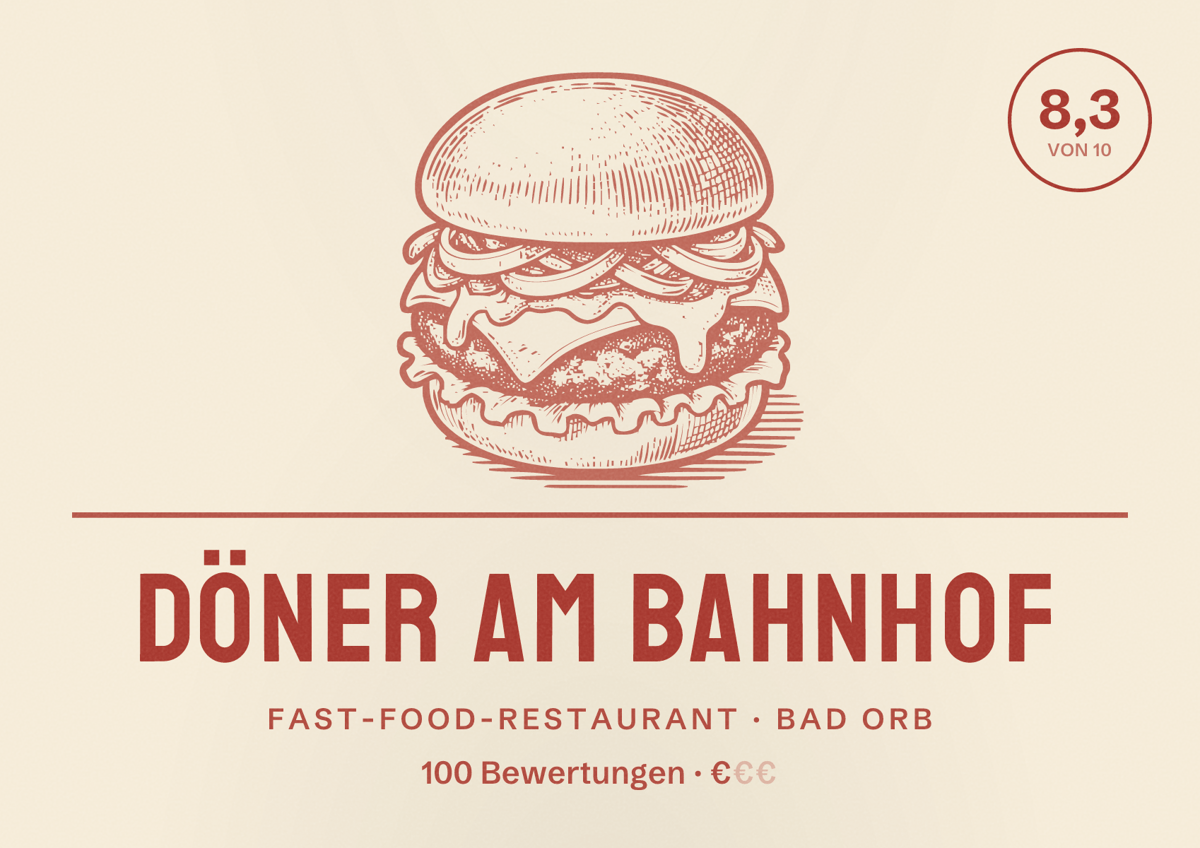 Illustriertes Poster von Döner am Bahnhof, Fast-Food-Restaurant in Bad Orb: Bewertung 8,3 von 10 aus 100 Bewertungen, Preisniveau €