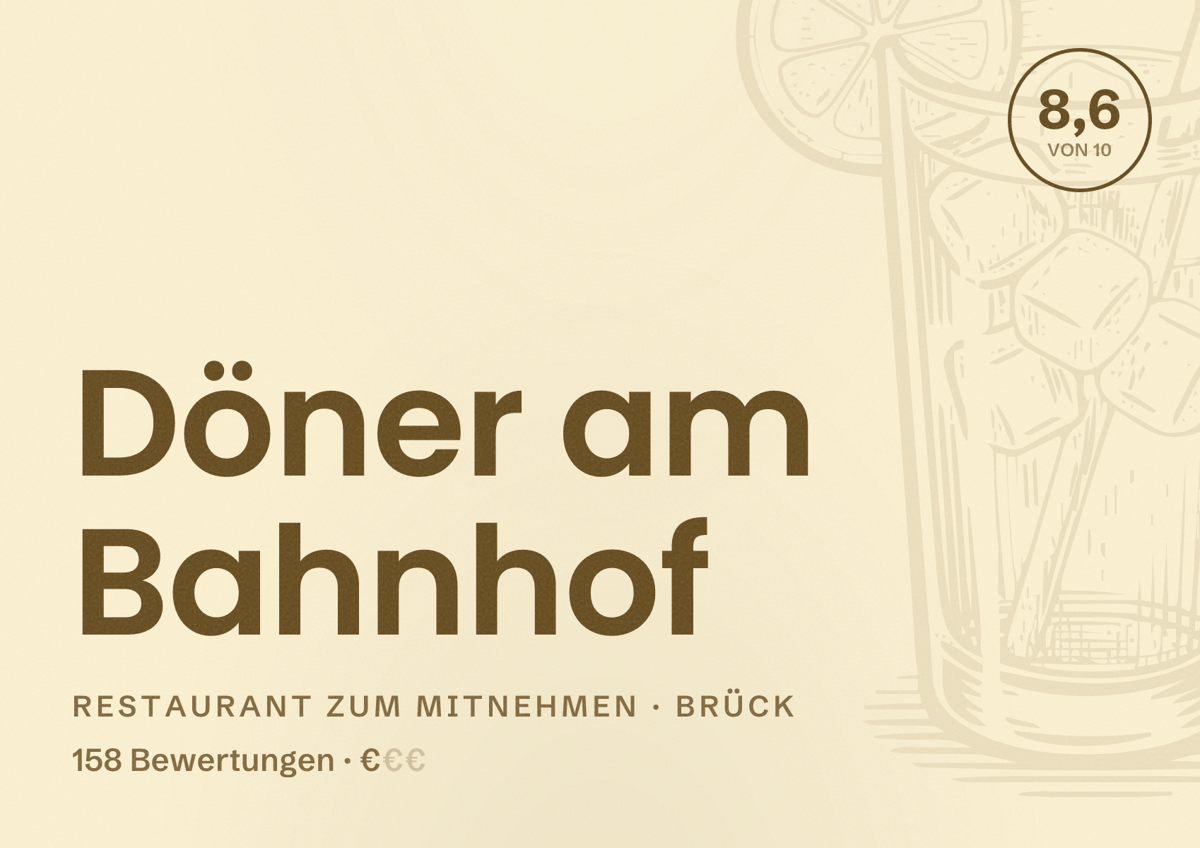 Illustriertes Poster von Döner am Bahnhof, Restaurant zum Mitnehmen in Brück: Bewertung 8,6 von 10 aus 158 Bewertungen, Preisniveau €