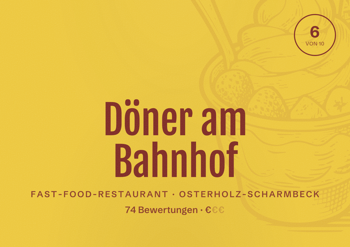 Illustriertes Poster von Döner am Bahnhof, Fast-Food-Restaurant in Osterholz-Scharmbeck: Bewertung 6 von 10 aus 74 Bewertungen, Preisniveau €