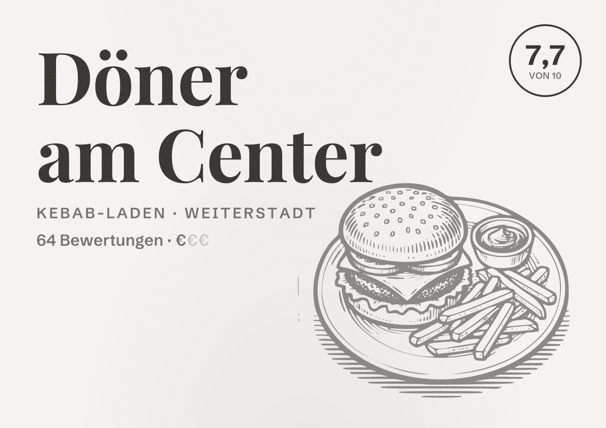 Illustriertes Poster von Döner am Center, Kebab-Laden in Weiterstadt: Bewertung 7,7 von 10 aus 64 Bewertungen, Preisniveau €