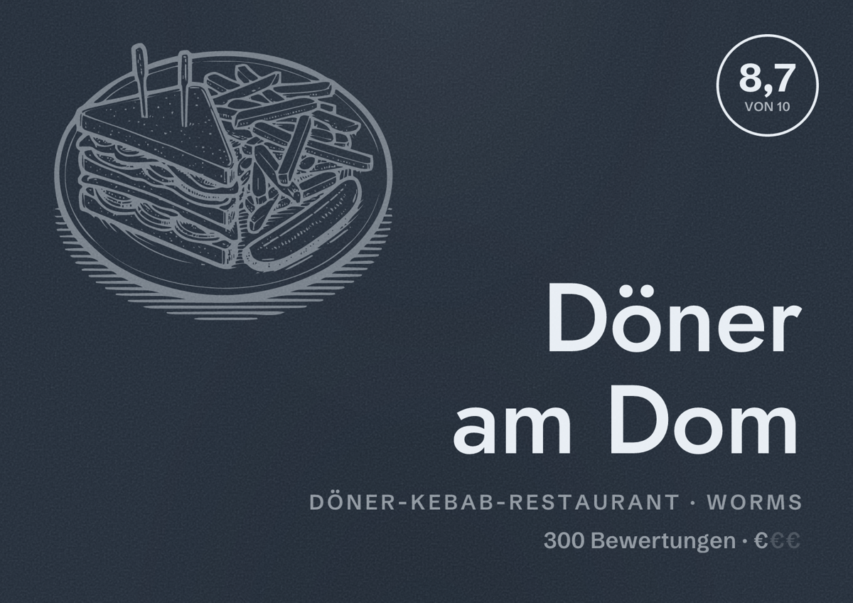 Illustriertes Poster von Döner am Dom, Döner-Kebab-Restaurant in Worms: Bewertung 8,7 von 10 aus 300 Bewertungen, Preisniveau €