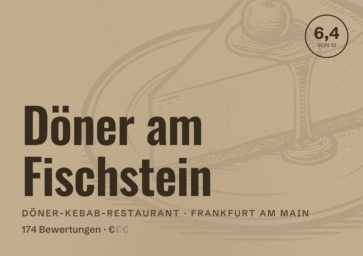 Illustriertes Poster von Döner am Fischstein, Döner-Kebab-Restaurant in Frankfurt am Main: Bewertung 6,4 von 10 aus 174 Bewertungen, Preisniveau €