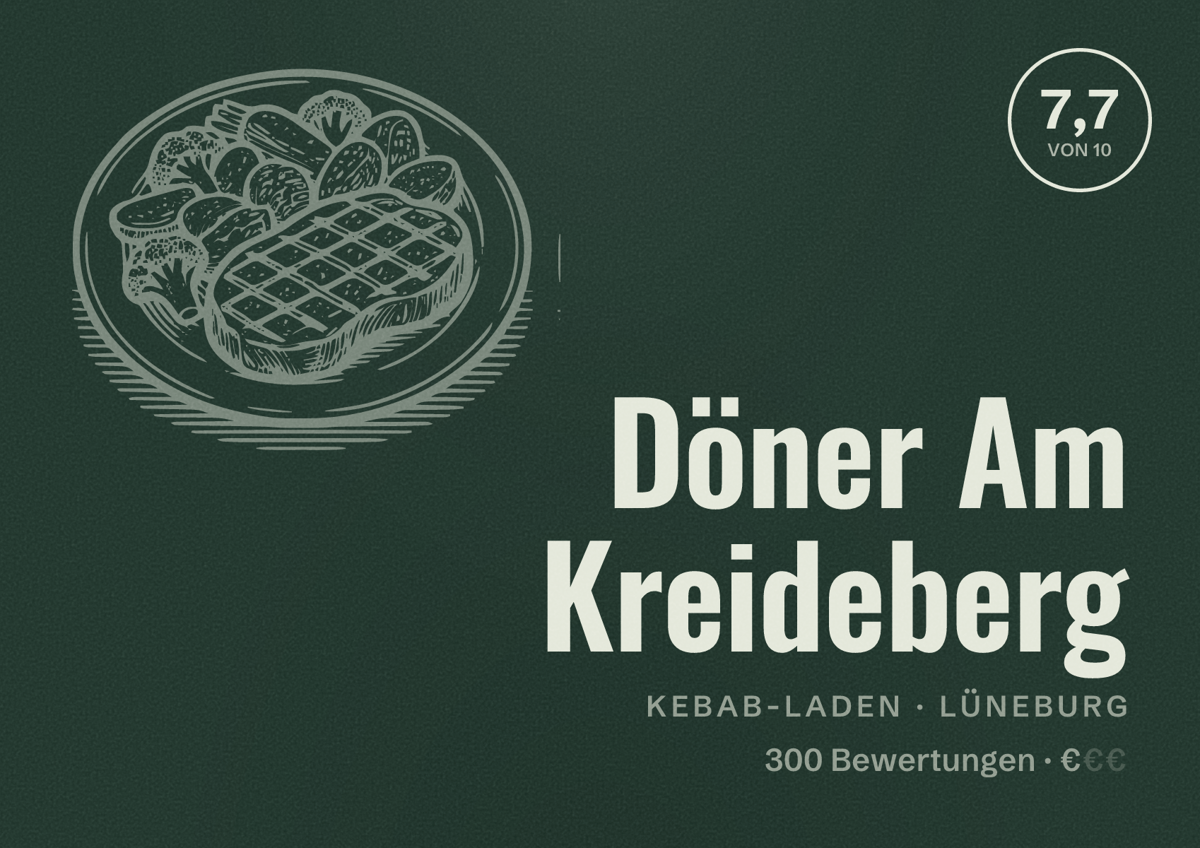 Illustriertes Poster von Döner Am Kreideberg, Kebab-Laden in Lüneburg: Bewertung 7,7 von 10 aus 300 Bewertungen, Preisniveau €